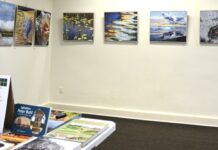 Mixed Media – Kreativitet i tre Generationer Udsnit af de 69 udstillede værker. Her Rosa Engelbrechts fotos med temaet vand og et hjørne af de 53 bogtitler som er med på udstillingen. Foto: Rosa Engelbrecht.