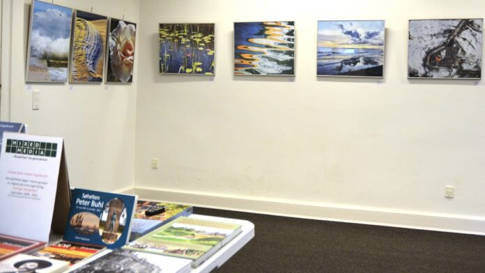 Udsnit af de 69 udstillede værker. Her Rosa Engelbrechts fotos med temaet vand og et hjørne af de 53 bogtitler som er med på udstillingen. Foto: Rosa Engelbrecht.